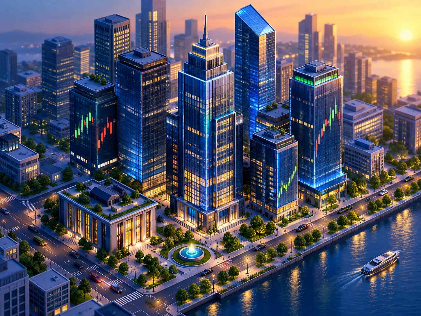 Financial district street with tall skyscrapers at dusk
