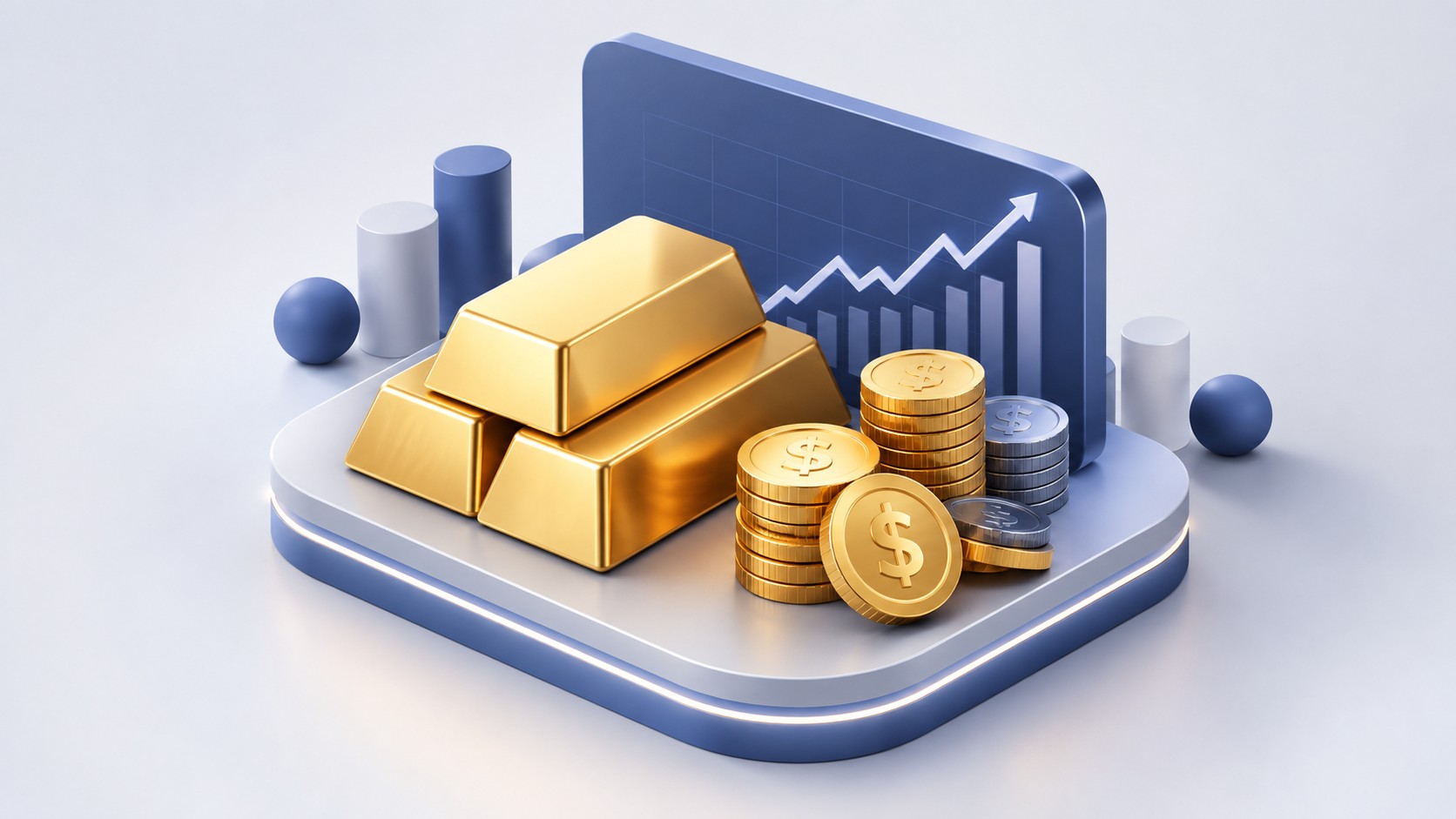 Gold bars next to currency coins with a price chart backdrop